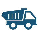 The alt text: "Dark blue icon of a dump truck, featuring a front cab and large tilted back bin on a green background, symbolizing the role of transporting materials in construction accounting.