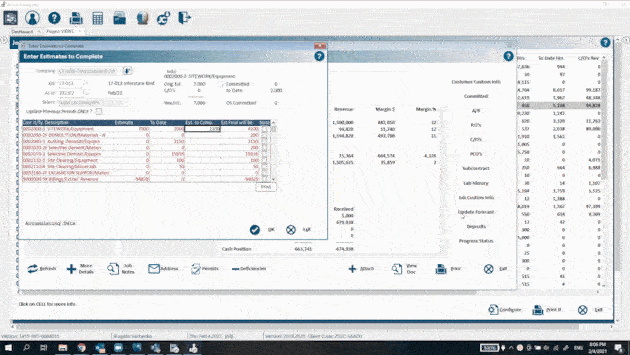 Alt text: A detailed screenshot of the Jonas Construction Software interface displayed on a computer screen showing multiple operational windows, including features for inputting invoice details and financial forecasts. The image highlights software functionalities such as top navigation menus and toolbars related to accounting and project management tasks in the construction industry.