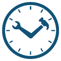 Alt text: "Icon of a blue clock pointing to ten past ten, set against a dark green background symbolizing precision in our construction accounting software.
