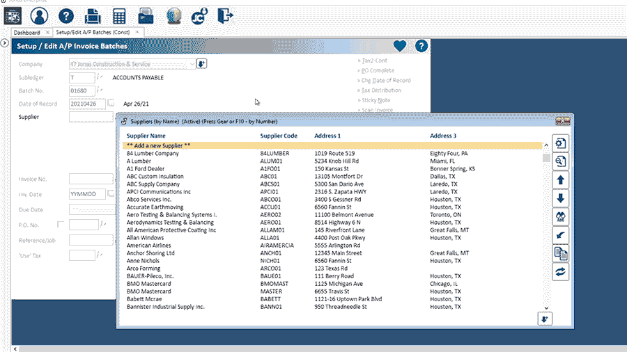 navigation menu and easily accessible tabs for different features such as dashboard, projects, service and accounting.

Alt text: "A screenshot of Jonas Construction Software's supplier management interface showing a list of specialty contractors with their respective supplier codes and addresses. The user-friendly design includes a top navigation bar for easy access to dashboard, projects, service and accounting features.