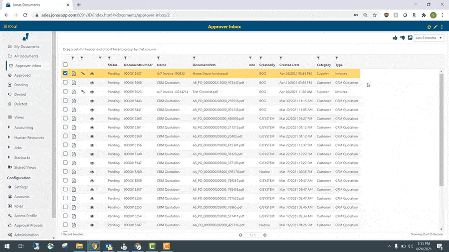 Alt text: Screenshot of Jonas Construction Software's document management system interface, with an 'approver inbox' open and columns titled type, document name, document ID, and priority displayed.