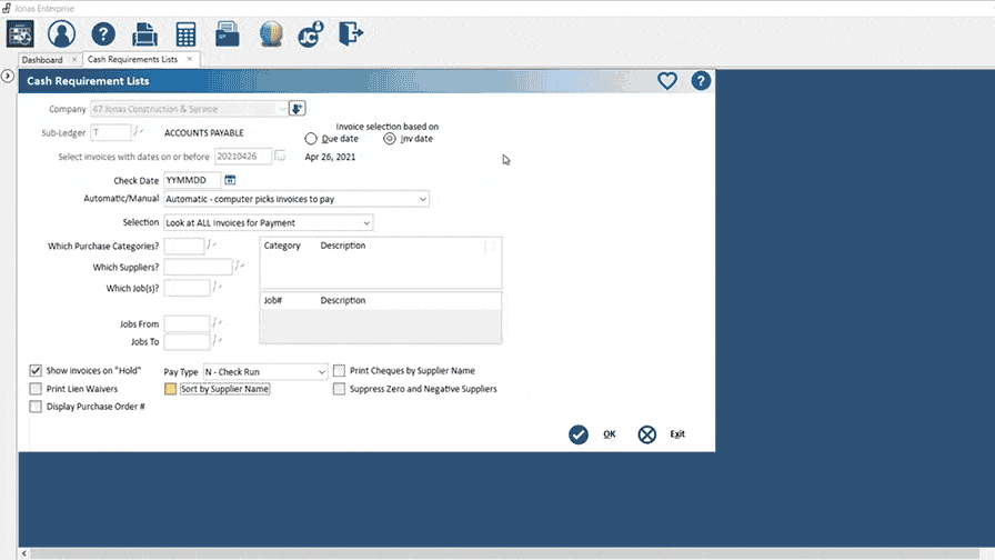 period, and filter options.

Alt text: A detailed view of Jonas Construction Software's accounting interface featuring a cash requirement lists dashboard. Dropdown menus allow for company, sub-ledger, and period selection along with filter options to enable streamlined financial management in the construction industry.