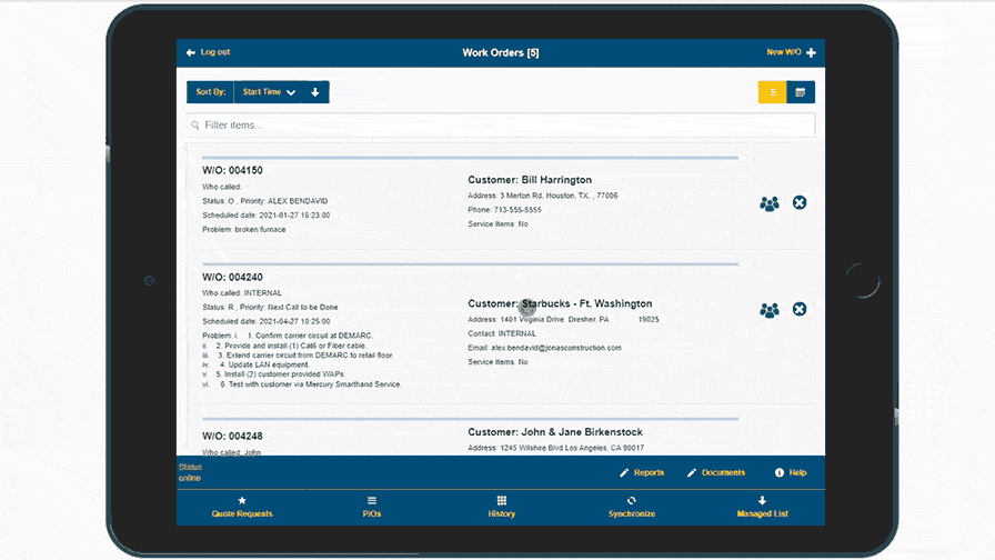 accounts, tasks, settings, and notifications on the lower part of the screen.

Alt text: "A tablet showcasing Jonas Construction work orders application interface that includes task details such as status, customer names, and timings along with navigation options like home, accounts, tasks, settings & notifications.