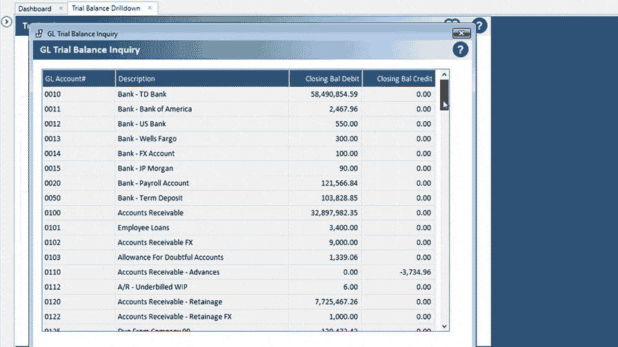 Alt text: Screenshot of Jonas Construction Software's accounting interface displaying a 'trial balance inquiry' spreadsheet. The sheet illustrates account descriptions, IDs, and respective debit and credit balances for specialty contractors.
