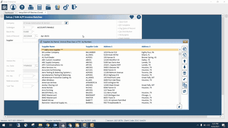 An illustrative screenshot of the 'accounts payable' user interface in Jonas Construction's ERP software. The image shows a comprehensive table listing suppliers' names, codes, statuses, and addresses to help manage payments. Also visible are various clickable menu options and toolbars for easy navigation.