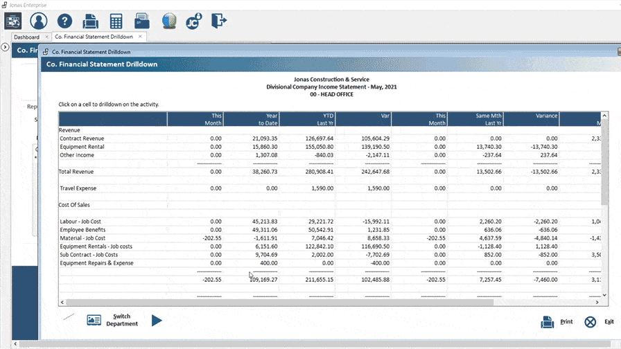 Alt text: An image showing Jonas Construction Software's user-friendly interface where a detailed Income Statement is displayed. Columns include the current month, year-to-date, previous year's figures for both the same month and year-to-date, as well as variance. The statement covers comprehensive revenue and expenditure categories to streamline construction accounting processes.