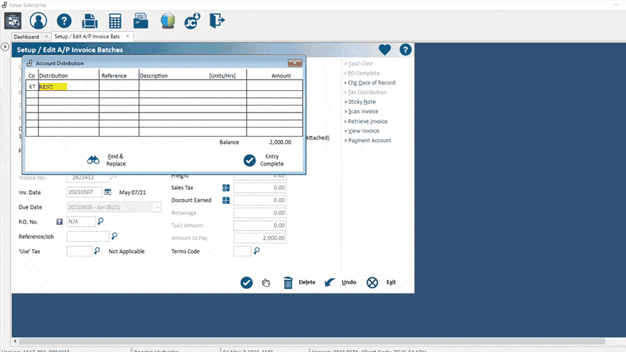 Alt text: A screenshot of Jonas Construction Software interface displaying an "edit AP invoice batches" window. This comprehensive screen features various tabs and data fields for key invoice details such as number, date, total amount, and vendor information. The layout reflects the software's focus on ease of use and streamlined operations in the construction industry.