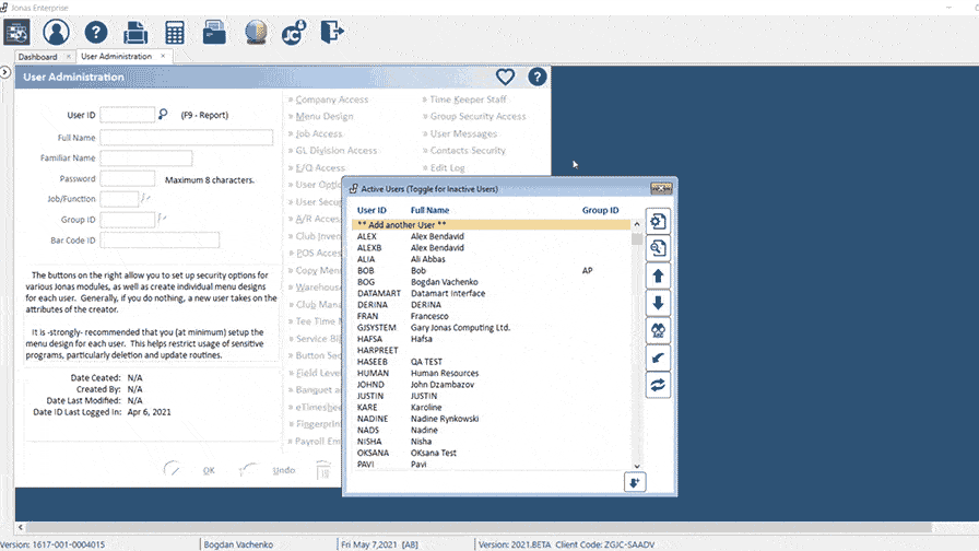 email.

"Interface screenshot of Jonas Construction Software displaying various menu options including 'dashboard', 'user list' and 'reports'. The main section showcases the detailed list of users showing their respective usernames and emails.