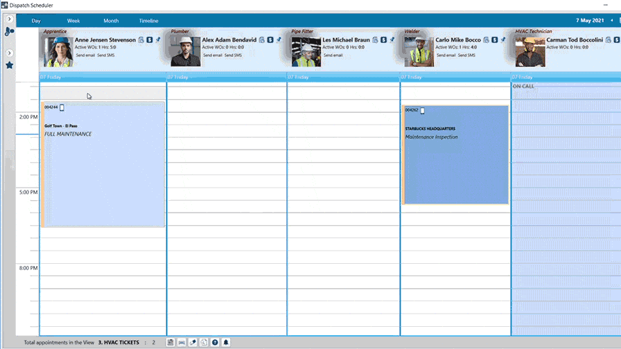 one staff member's schedule to another.

Alt text: Animated gif showcasing the scheduling feature of Jonas Construction Software. Different staff members are displayed along with their weekly appointments and an example is shown of transferring an appointment from one person's schedule to another.