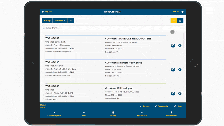Alt text: A tablet showcasing the Jonas Construction Software interface for managing work orders, featuring detailed entries such as order ID, customer names and service addresses. Various action icons like edit, delete and view are seen on the screen.