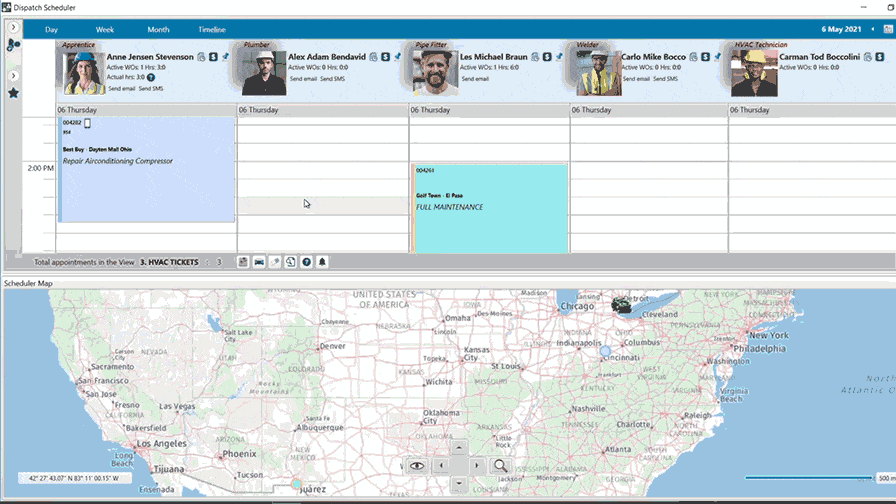Alt text: A screenshot of the Jonas construction software interface, featuring a detailed map of the USA covered in location pins indicating various mechanical and specialty contractors' sites. Above is a streamlined weekly planner listing contractor names alongside their respective scheduled tasks, project timelines and availability for efficient job management.