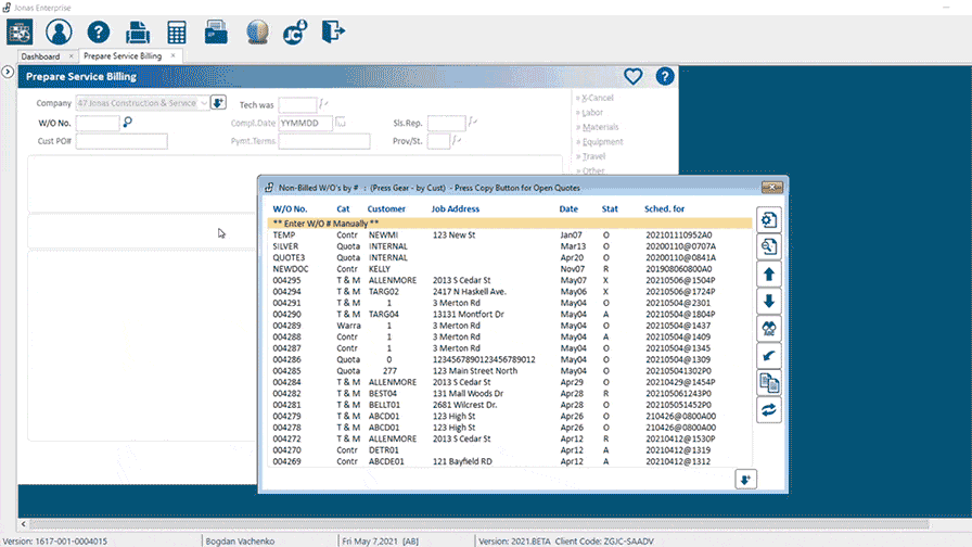 Alt text: A screenshot of Jonas Construction Software's prepayment service billing module. The crucial elements seen in the image are customer details, related service specifics, and its user-friendly interface designed with a palate of blue and gray. Designed specifically for specialty contractors, the software is aimed at providing hassle-free billing solutions.