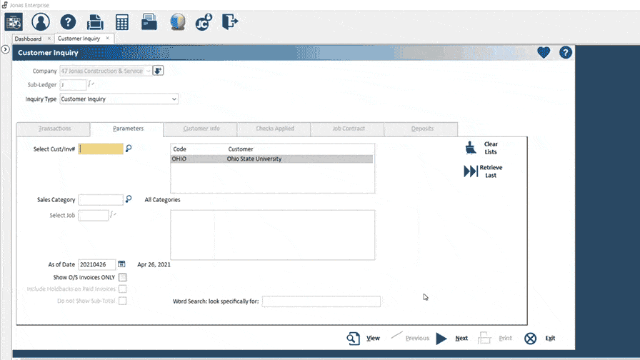 Alt text: Screenshot of Jonas Construction Software's customer inquiry application interface, displaying multiple input fields and dropdown menus such as 'select cust/mfr,' 'code,' and 'customer' - providing users with a comprehensive system for handling customer-related data.