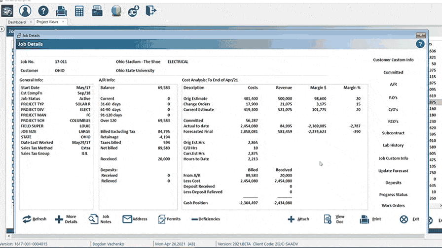 Alt text: "The screenshot showcases a detailed interface of the Jonas Construction Software. The screen demonstrates different sections such as job information, financial summaries, and project status all arranged in an organized grid format. This is part of our integrated solutions for mechanical and specialty contractors to streamline their operations.