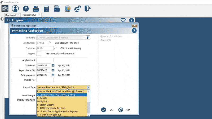 option shown.

Alt text: Screenshot of Jonas Construction Software's billing application interface, featuring filled out fields for customer, report and date. Highlighted is a dropdown menu with an option to select and print as PDF.