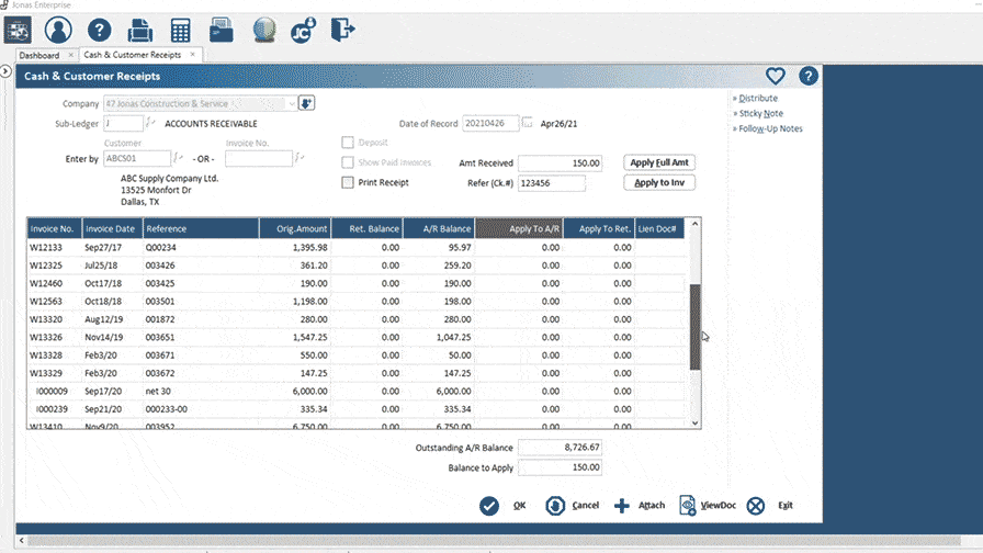 summary table of outstanding payments below. There are multiple tabs with different functions such as creating new receipt, generating reports and tracking customer payment history.

Alt text: Screenshot of Jonas Construction Software interface for managing cash & customer receipts, highlighting company billing details input field and a summary table for outstanding payments.