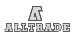 Alt text: Jonas Construction's logo with the word "alltrade" in bold, gray block letters. An arrow pointing upwards is artistically incorporated into the stylized letter "a", reflecting forward momentum and progress in construction industry operations.
