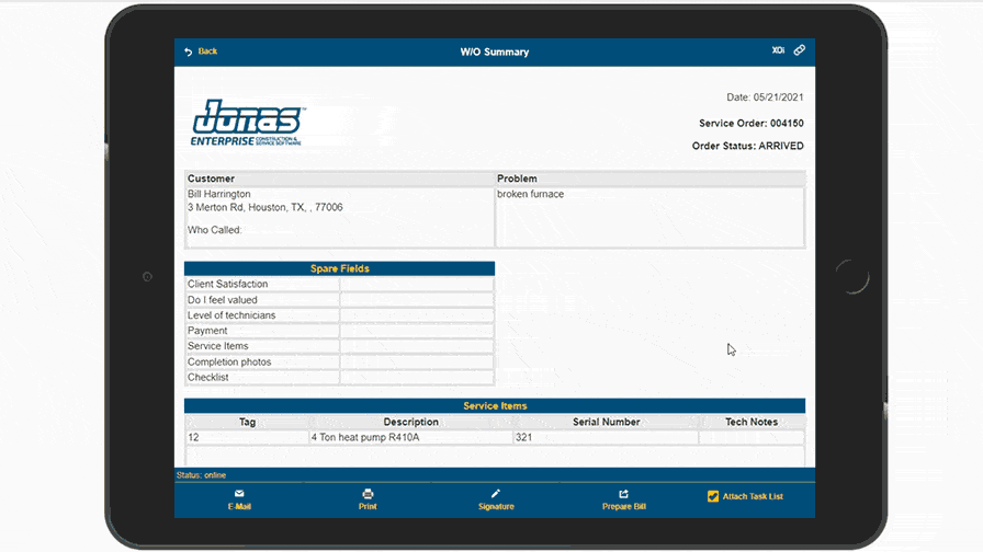 Alt text: A tablet showcasing Jonas Construction Software's work order summary feature, showing detailed information such as customer info, service location and problem description. The software aids in organizing complex construction-related service details, presented in an easy-to-understand structured format.