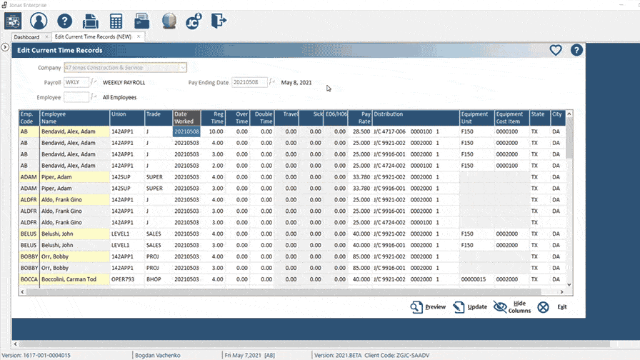 Alt text: Detailed screenshot of the Jonas Construction accounting software interface displaying an employee time record table. Features include employee ID, name, date, check-in and check-out times as well as total hours. The clean layout allows for seamless tracking and auditing of working hours in a spreadsheet format.