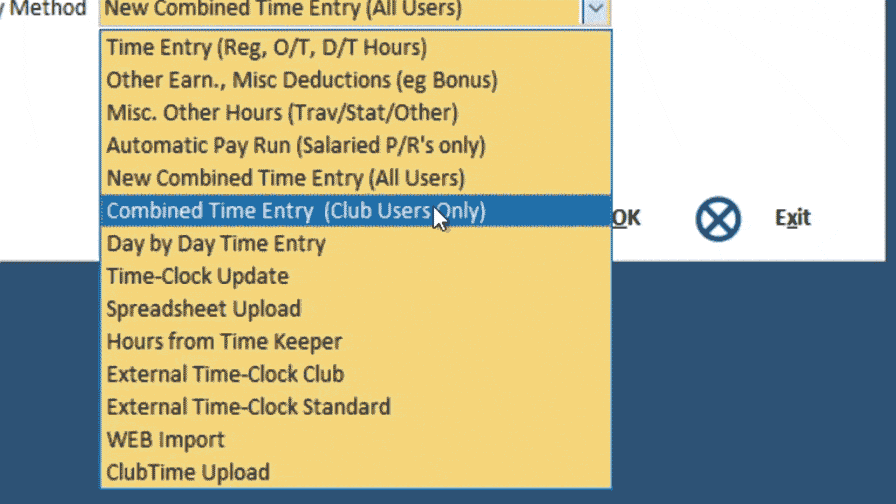 a mouse cursor hovering over "new combined time entry (all users)" option.

Alt Text: Screenshot of Jonas Construction Software's dropdown menu featuring various timekeeping and update options. The mouse cursor is pointed at the "new combined time entry (all users)" option.