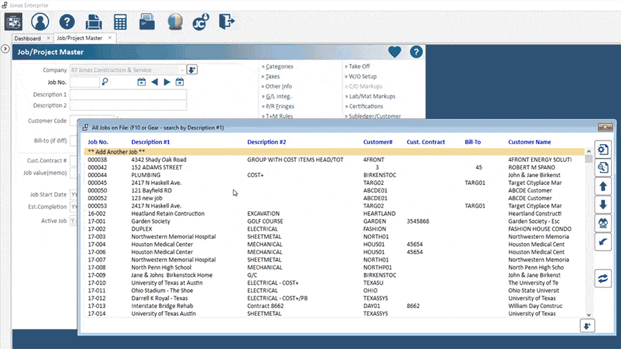 Alt text: Screenshot of Jonas Construction Software interface showing a detailed project management dashboard for specialty contractors. The dashboard displays organized tables featuring job descriptions, customer details, and statuses. There are various toolbar options displayed at the top to facilitate user navigation and operations.