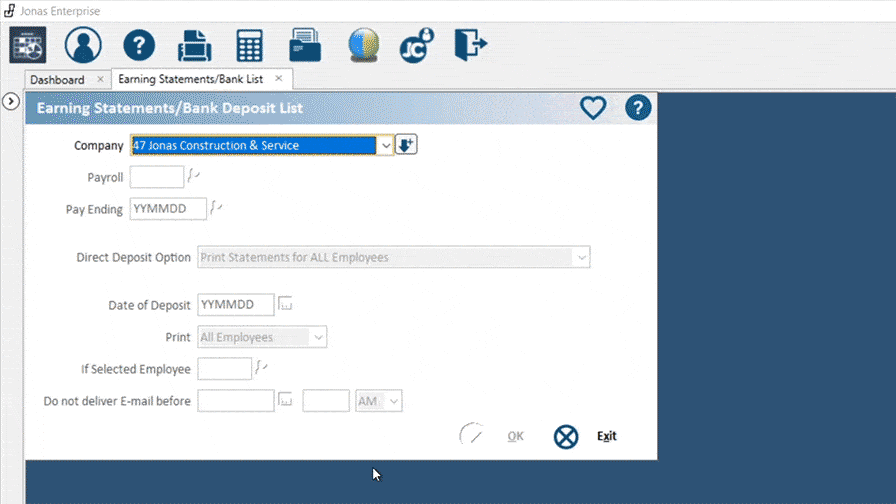 Alt Text: Screenshot showing Jonas Construction software interface titled 'Earning Statements/Bank Deposit & Service', featuring multiple field inputs including company id, payroll, direct deposit option and various date/time selector widgets.