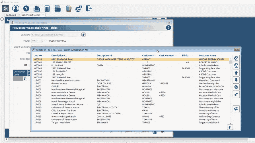 Screenshot of Jonas Construction software's 'job management' interface, displaying a comprehensive list of job records, conveniently organized in columns including job number, description, category and customer.
