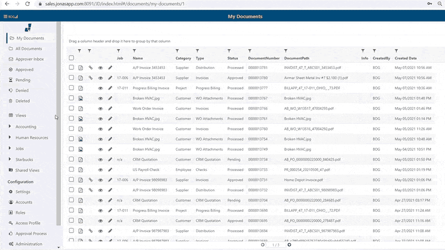 Jonas Construction Software's user-friendly interface displayed on a computer screen. The interface highlights assorted and sorted fields of icons, file names, file types, sizes and additional metadata. A key visual for demonstrating the organizational prowess of the software.