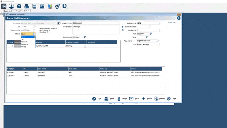 Alt text: A visual depiction of Jonas Construction Software's accounting interface, showcasing a neatly organized table listing various transmittal documents, their dates, type and status. To the right is a detailed data entry form field for adding and managing new documents.