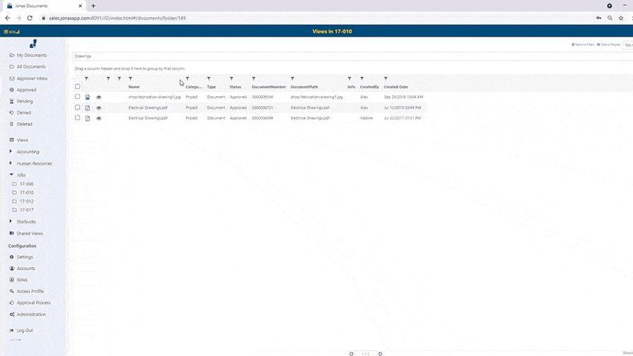 right.

Alt Text: "A computer screenshot showcasing Jonas Construction Software Interface. Multiple construction files are displayed along with their types, dates, and statuses. A file is in focus with its details displayed on a viewing pane to the right.