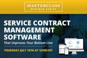 Alt text: Promotional banner displaying a computer screen with graphs for the Jonas Construction Service Contract Management Software masterclass webinar. The event is scheduled for Thursday, July 15th at 12 PM EDT.