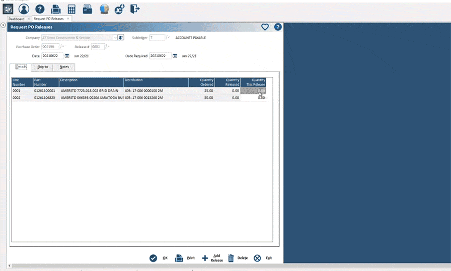 , cost, quantity, and total.

Alt Text: A detailed snapshot of the 'Request PO Release' window in the Jonas Construction accounting software showcasing the accounts payable ledger with four entries – highlighting specific information like part number, description, cost, quantity and total.
