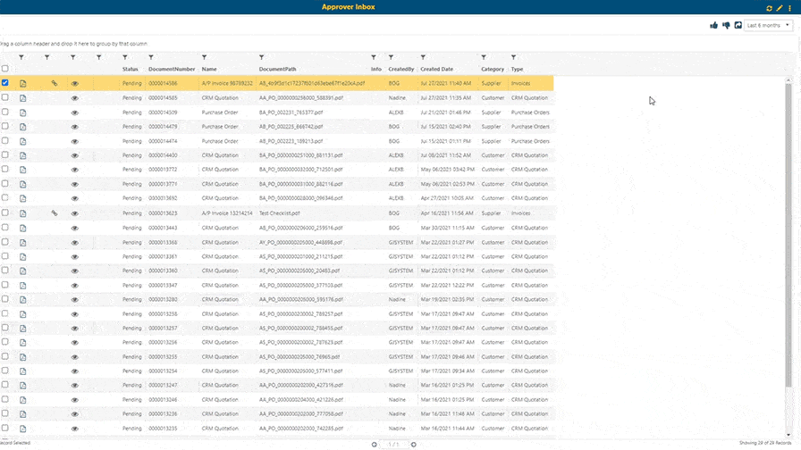 Alt text: Animation showing a user engaging with Jonas Construction software - approving various transactions in a spreadsheet interface by clicking checkboxes and highlighting rows, embodying the dynamic and efficient functionalities in accounting management of our business application.
