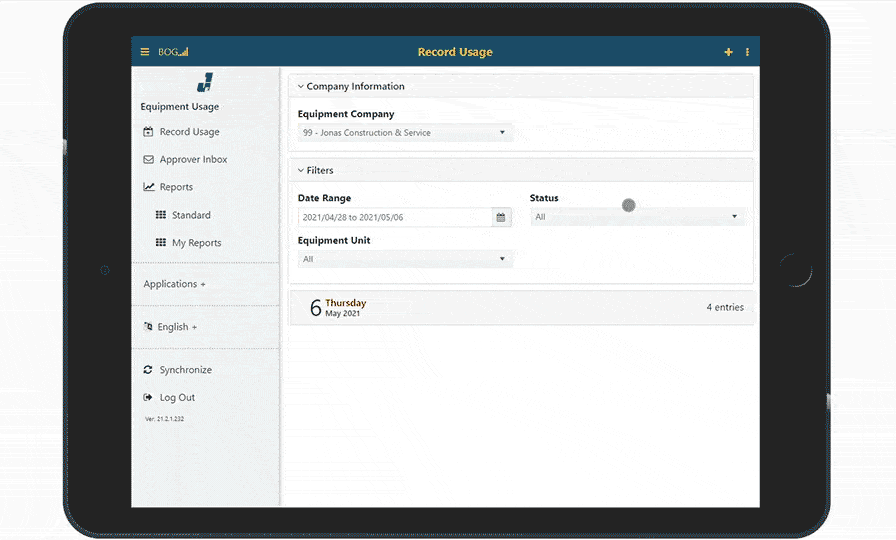 for entering equipment details, date, hours, and comments. Buttons for saving or clearing the entered data are present at the bottom of the interface.