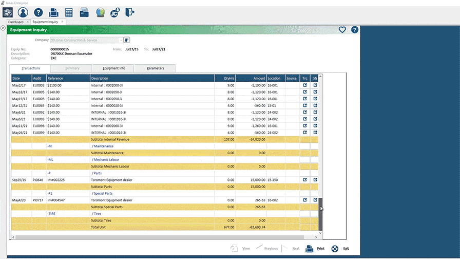 Alt text: Screenshot of Jonas Construction Software's equipment registry interface, showcasing a detailed table with columns for mechanical contractor information such as id, code, country, description, age and amount.