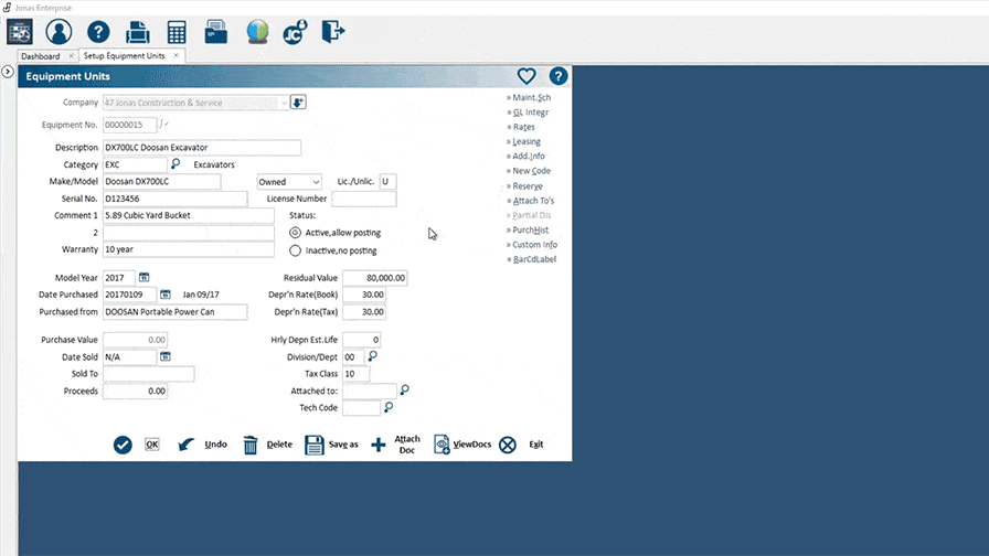 Animated gif of Jonas Construction Software's interface for construction accounting equipment inventory management. The cursor navigates and updates fields like equipment model, status, and purchase date.