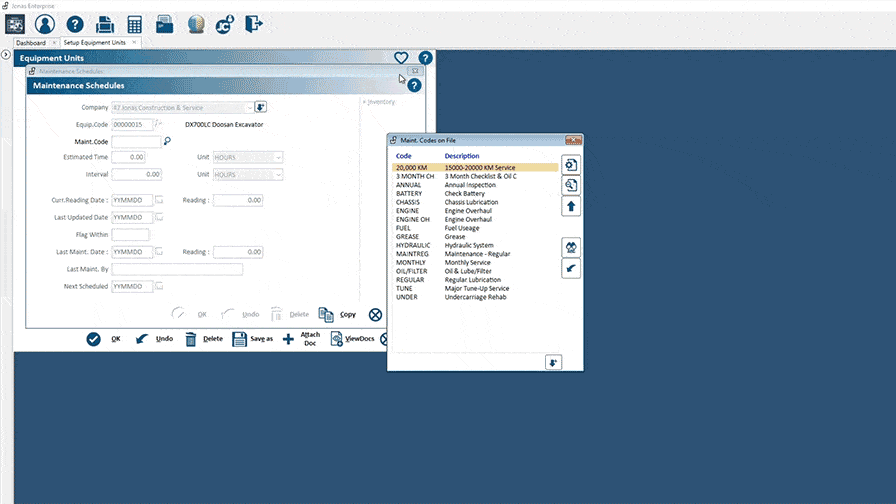 items such as 'Excavator', 'Bulldozer' and 'Crane'.

Alt text: Screenshot showing the user interface of our construction accounting software, featuring tabs like 'Equipment List' and 'Maintenance Schedules'. The focus is on a form for entering equipment details with a smaller window listing various heavy machinery names like an ‘Excavator’, ‘Bulldozer’ and ‘Crane’.