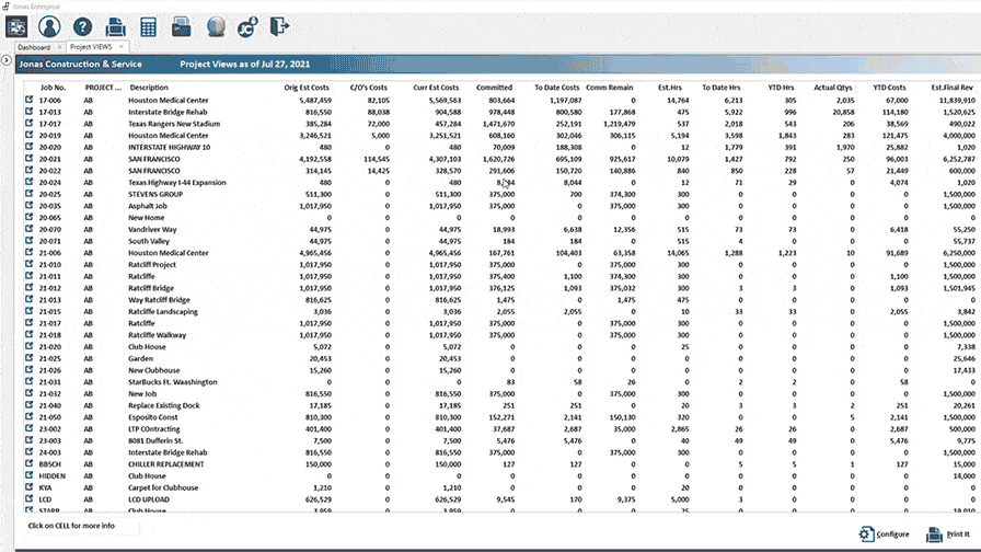 Alt text: Screenshot of Jonas Construction Software's excel spreadsheet interface with various columns featuring project data including the project number, detailed description, assigned project manager, current status of the project and financial breakdown such as contract value, change orders and total. Purposefully built for mechanical contractors to streamline their operations management process.