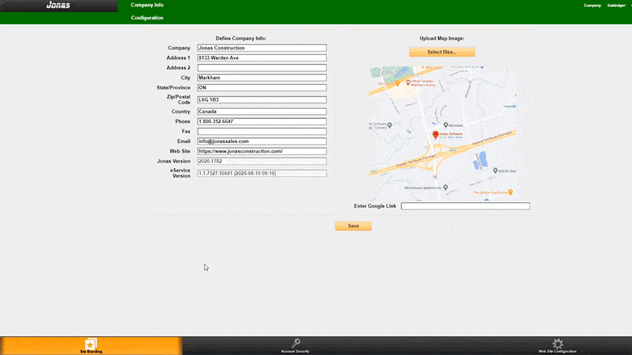 Alt text: A screenshot of Jonas Construction Software's company information entry interface, displaying editable fields for details such as company name, address, phone number and email. To the right is a dedicated section exhibiting a map view.