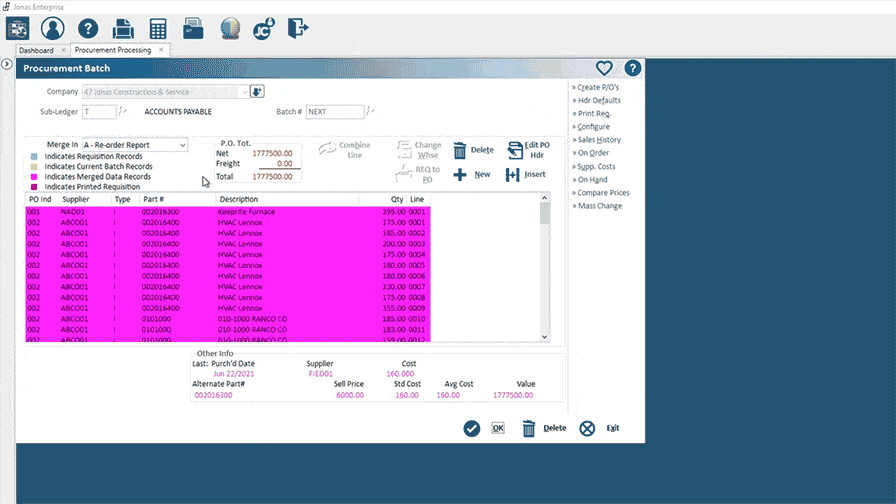 Alt text: A detailed screenshot of the Procurement Dashboard in Jonas Construction Software, showing various data tables and charts for streamlined management reporting. It features accessible tabs and a user-friendly navigation menu. Also visible is a comprehensive item list with specific descriptions, prices, and statuses to optimize construction-related purchasing decisions.