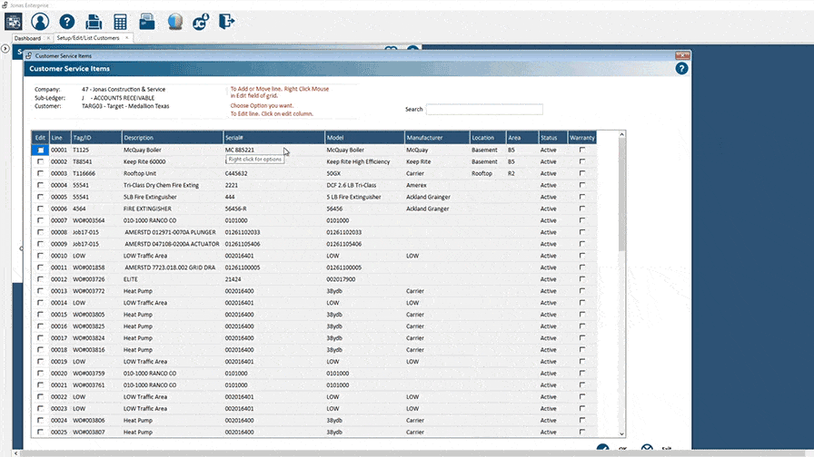 Alt text: Screenshot of Jonas Construction Software's accounting interface on a computer screen, featuring a detailed table of construction items including id, description, stock level and price.