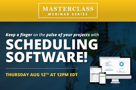 a calendar, clock and construction plans being showcased. 

Alt text: "Webinar graphic showcasing various digital devices, including a phone, iPad and laptop displaying scheduling software interfaces related to the construction industry. Promotional details are also listed for a 'Scheduling Software for Specialty Contractors' masterclass on Thursday, Aug 12th at 12pm EDT.