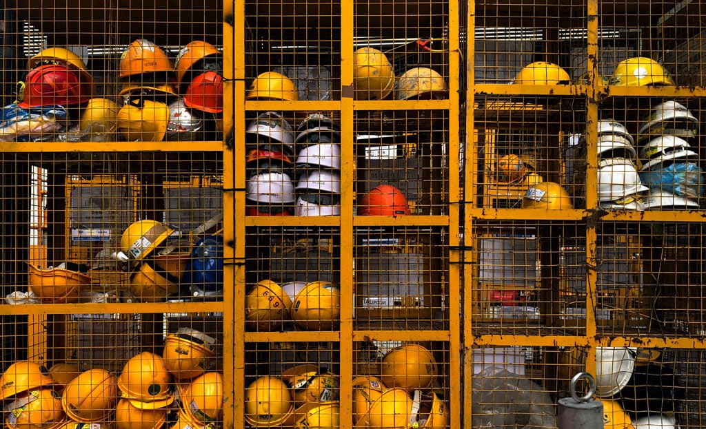 Hard hats in a locker