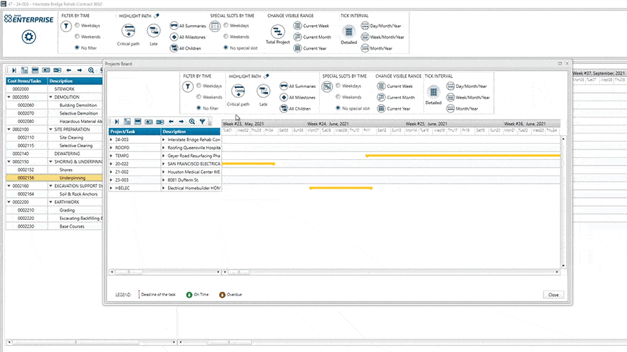 Alt text: Screenshot of Jonas Construction Software's complex accounting interface, featuring multiple windows and menus for data management and system configuration. The focal point of the image is a grid filled with highlighted yellow data entries.