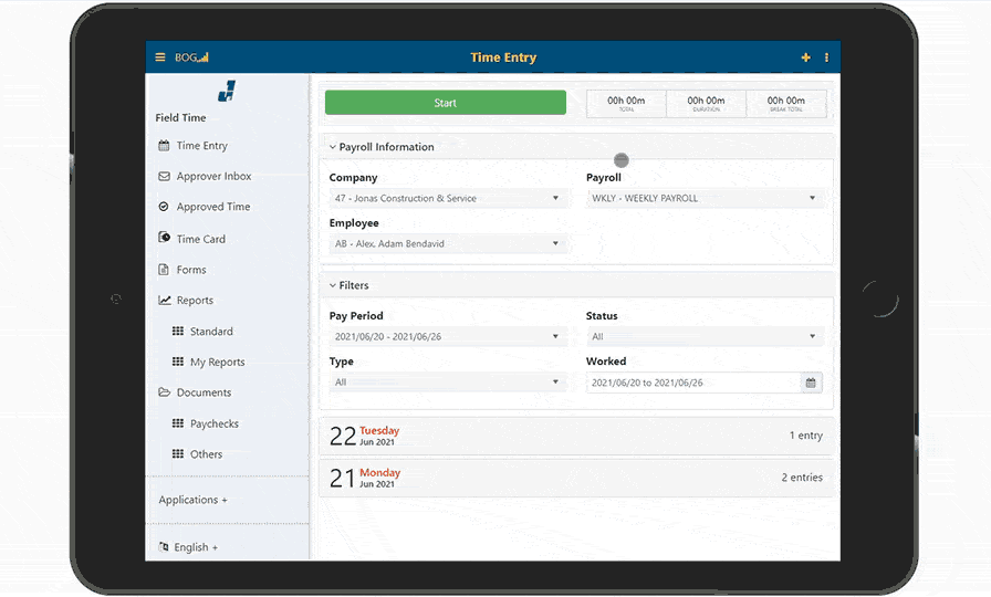information" tab.

Alt-Text: "Tablet showcasing Jonas Construction Accounting Software interface, with sections for start time, payroll details, reports & logged work hours. Specifically highlighting 'weekly payroll information' tab for an employee.