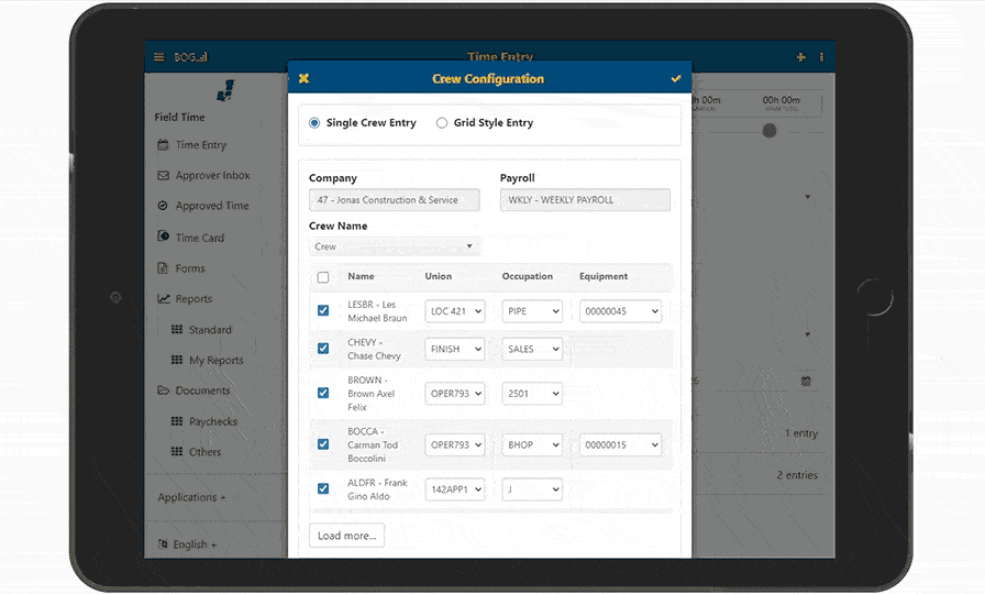 software program.

Alt text: A tablet displaying Jonas Construction software's crew configuration feature which includes options for single and grid style entries, listing names, roles and equipment for efficient project management.