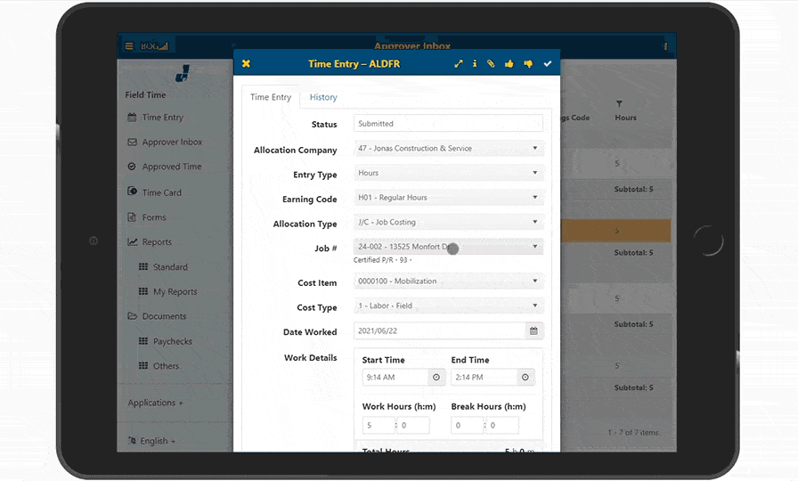 icons along the right side of the screen, including a clock icon to indicate time tracking and a hard hat icon to denote construction projects.