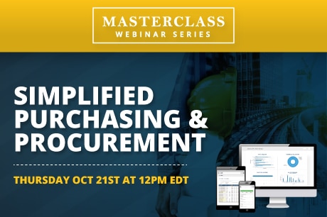 including a towering skyscraper with cranes at work in the background, alongside the prominent display of webinar details.

Alt Text: "Promotional graphic featuring urban construction scene for Jonas Construction Software's upcoming Masterclass Webinar on 'Simplified Purchasing & Procurement for Specialty Contractors,' scheduled for Thursday, Oct 21st at 12pm EDT.