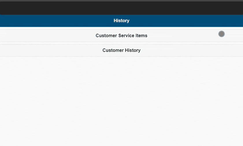 Alt text: A screenshot of the Jonas Construction software interface showcasing the 'history' tab. This tab reveals sub-tabs for 'customer service items' and 'customer history.' The design is minimalist and modern, specifically tailored for our construction solutions.