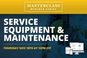 incorporates images of various construction tools such as wrenches, hammers and blueprint rolled scrolls with bold typography mentioning the event details against a deep blue background.

Alt Text: "Graphic promoting 'Jonas Construction masterclass webinar series' event called 'Service Equipment & Maintenance' on Thursday, November 18th at 12 PM EST. Features imagery of construction tools like wrenches and hammers with blueprints on a deep-blue backdrop.